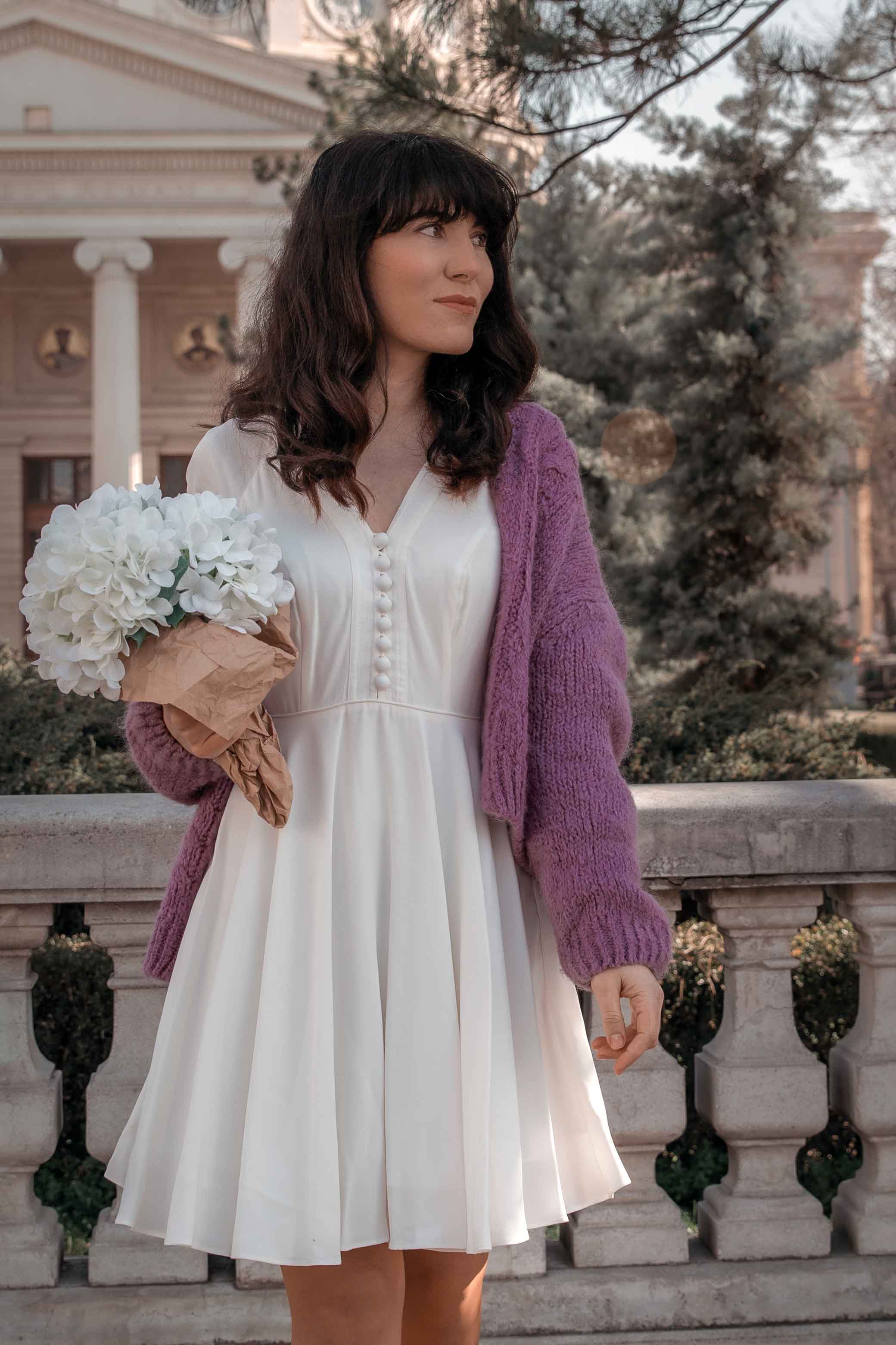 An Easy Breeze Spring Outfit: white dress and purple cardigan